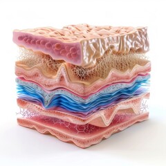 3D skin cell layers, epidermis to dermis detailed, white background