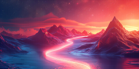 Path to success concept, with glowing light path going up the mountain illustration. generative ai