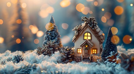 Adorned with snow-kissed rooftops, a captivating miniature village scene glows with warm lights from windows, nestled among festive pine cones, enchanting all who behold it. - obrazy, fototapety, plakaty
