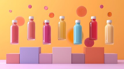 A playful and modern display of vibrant liquid-filled bottles levitating over geometric pastel blocks against an orange background.