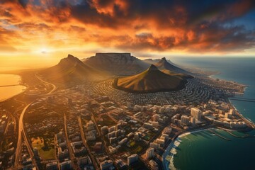 Fototapeta premium Aerial view of Table Mountain at sunset , Aerial panoramic view cityscape at sunset, Ai generated