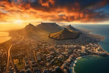 Papier Peint photo Montagne de la Table Aerial view of Table Mountain at sunset , Aerial panoramic view  cityscape at sunset, Ai generated