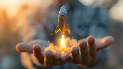 A creative concept capturing a miniature rocket igniting and launching from the palm, symbolizing power, dreams, and aspirations taking flight.