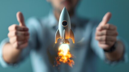 A dynamic success concept depicted by a rocket launch framed between two thumbs-up gestures, signifying approval and positive progression.