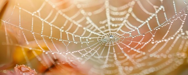 Close view of a spider web with dewdrops - obrazy, fototapety, plakaty