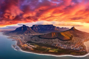 Store enrouleur tamisant sans perçage Montagne de la Table Aerial view of Table Mountain at sunset , Aerial panoramic view  cityscape at sunset, Ai generated