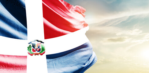 Dominican Republic national flag waving in the sky.