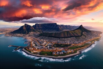 Naklejka premium Aerial view of Table Mountain at sunset , Aerial panoramic view cityscape at sunset, Ai generated