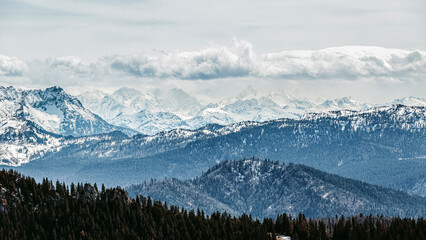 Panorama einer schneebedeckten Bergkette mit Wald im Vordergrund in den Chiemgauer Bergen unter bewölktem Himmel