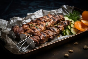 Exquisite kebab on a metal tray against a leather background
