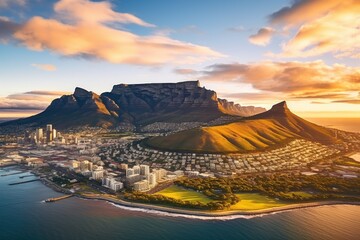 Fototapeta premium Aerial view of Table Mountain at sunset , Aerial panoramic view cityscape at sunset, Ai generated