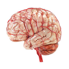 Realistic human brain illustration, neural pathways highlighted, white backdrop