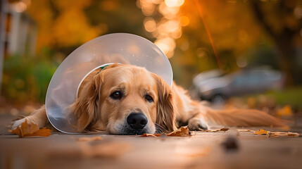 Golden Retriever dog with a cone collar after a trip to the vete