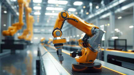 modern AI robotic arm working in a factory, advanced futuristic artificial intelligence technology, AI automation replacing humans concept