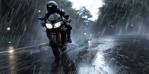 Urban Wheelie - A Dynamic Action Shot Of A Motorcycle Performing A Wheelie On An Urban Street,Motorcyclist riding motorbike in night city on road during rain. Close-up of racer in helmet driving.  - obrazy, fototapety, plakaty