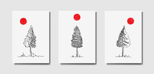 Pack of Hand-drawn illustration of a Pine Tree for art print, poster, wall art, wal decoration, home decor.