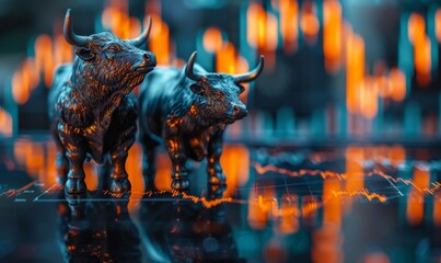 Financial and business candle stock graph chart, Bull vs bear concept, macro shot of a detailed bull and bear figurine standing on a reflective surface - obrazy, fototapety, plakaty