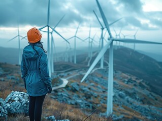 businessman and engineer looking wind turbine, green energy concept