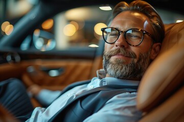 businessman enjoys a moment of relaxation in the backseat of his luxury car, feet kicked up on the leather seats  - obrazy, fototapety, plakaty