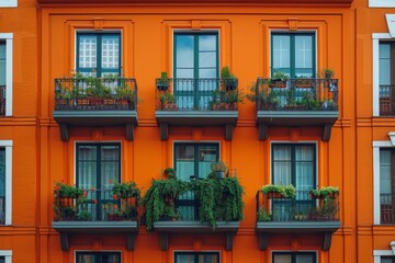 Bright orange facade of a modern apartment building residential building or office building, real estate complex with floral balconies