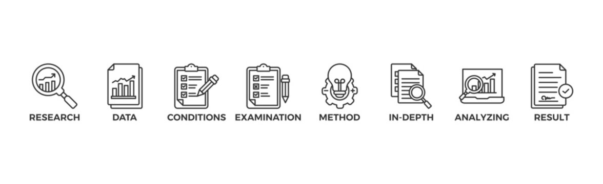 Case study banner web icon vector illustration concept with icon of research, data, conditions, examination, method, in-depth, analyzing, and result	
