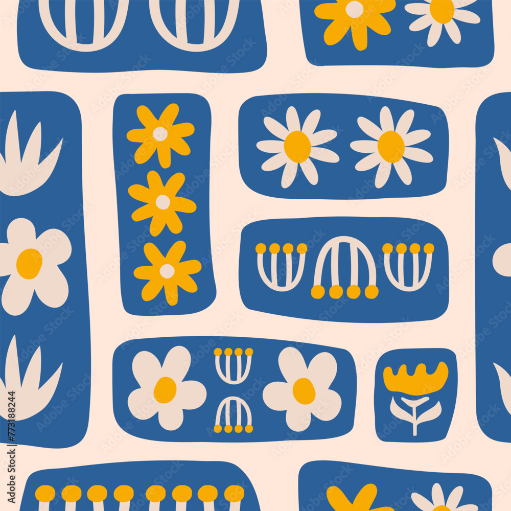 Aufkleber abstract floral seamless pattern. organic print with cute daisy flowers and rectangle shapes on a be