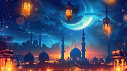 Fototapeta premium Ramadan Celebration with background of Moon and Mosque
