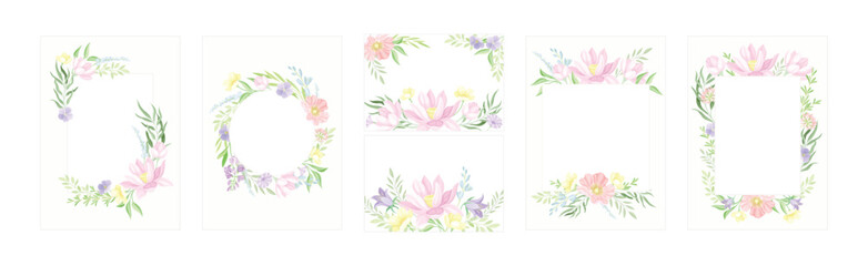 Flower Frame and Border with Floral Blossom Arrangement Vector Set