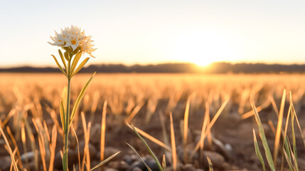 A single white flower is standing in a field of yellow flowers.