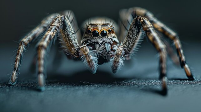 Closeup spider on a dark background. Dangerous insect.