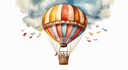 A colorful hot air balloon with people inside is flying through the sky