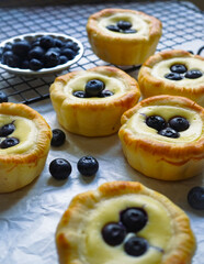 Homemade ceamcheese blueberry bread on a white background, served with fresh blueberries on a wire rack. Selective focus