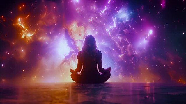 Mindfulness meditation concept. Meditation on top of the world. A woman sits in the lotus position engaged in spiritual practice. Silhouette of a girl and a galaxy. Surrealistic Picture. Space, galaxy