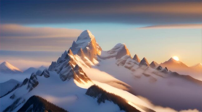 Snow-covered mountain peak at sunrise, soft light, oil painting