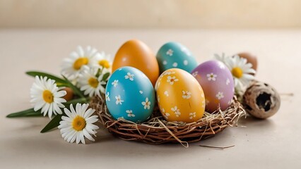 Colorful easter eggs with daisies on a light cream color background