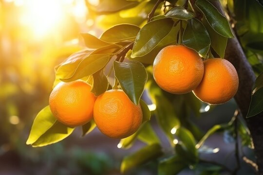 Ripe tangerines on the tree of the setting sun, in the garden at sunset A branch with natural oranges against a blurred background of an orange orchard, Ai generated