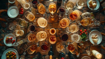 Top view many glasses of wine on wooden table.