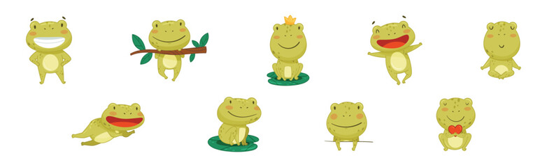 Funny Green Frog Character Engaged in Different Activity Vector Set