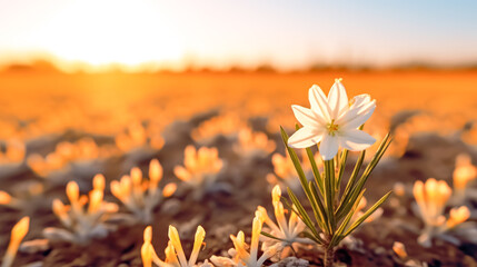 A single white flower is standing in a field of yellow flowers