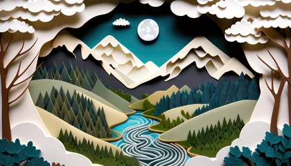 Afwasbaar Fotobehang Bergen Colorful mountain paper cut style background vector illustration.