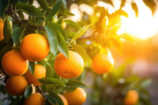 Ripe tangerines on the tree of the setting sun, in the garden at sunset A branch with natural oranges against a blurred background of an orange orchard, Ai generated