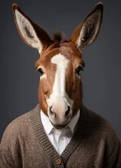 Foto op Canvas donkey face, wearing in a cardigan and shirt for a photo shoot on a chestnut, gray plain background, in an ultra-detailed style. © Mari Dein