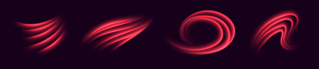 Red light trails, glowing motion effect. Hot air flow effect, warm heating wind. Abstract luminescent curves. Vector decoration.