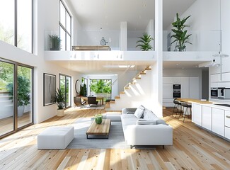 Beautiful modern living room with white walls, wood floors and double height ceiling in a new luxury home interior design with an open concept and high nook ceiling to floor windows - obrazy, fototapety, plakaty