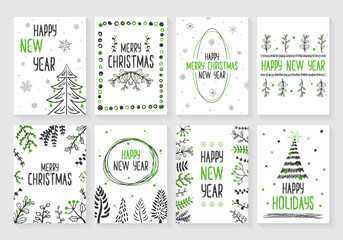 Happy New Year and Merry Christmas festive decor. Decorated square Christmas postcard with tree, decorations, swirl frames and typographic design.