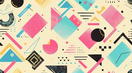 a 90s-inspired clean wallpaper featuring geometric shapes, pastel colors, and retro typography - obrazy, fototapety, plakaty