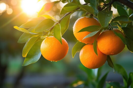 Ripe tangerines on the tree in the garden at sunset A branch with natural oranges against a blurred background of an orange orchard, Ai generated