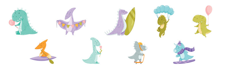 Cute Comic Dinosaur Do Different Activity Vector Set