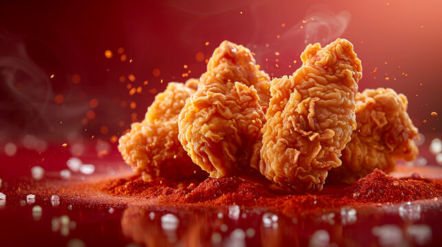 Crispy chicken, spices burst around, plain red, twilight, eyelevel capture, crunchy delight, detailed