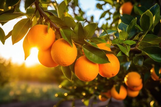 Ripe tangerines on the tree in the garden at sunset A branch with natural oranges against a blurred background of an orange orchard, Ai generated